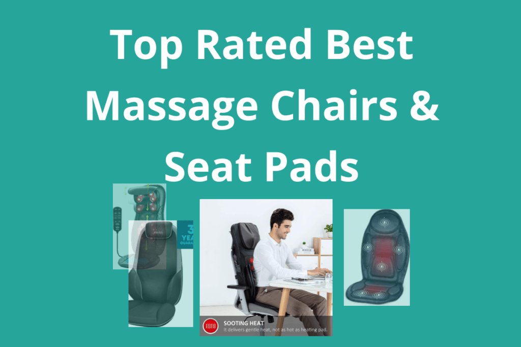 graphic showing a range of massage chairs and a man sitting on a massage chair and working on a desk