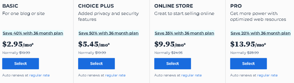 image of Bluehost web hosting Shared hosting pricing plan