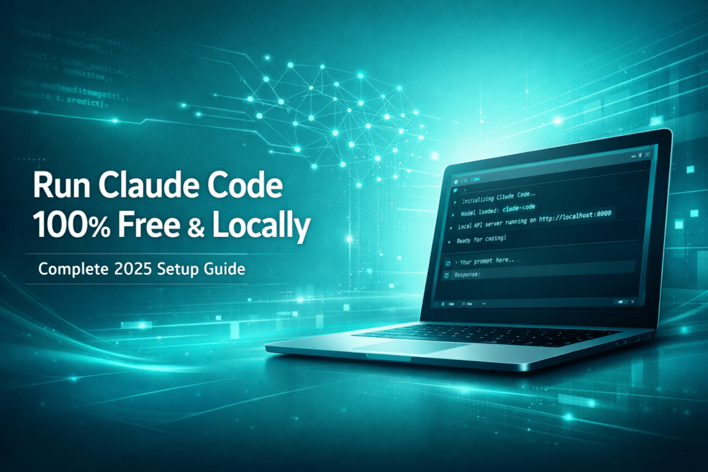 Modern teal-themed digital illustration of a laptop displaying a local AI terminal interface, with abstract neural network graphics and the headline ‘Run Claude Code 100% Free & Locally’ and subtitle ‘Complete 2025 Setup Guide’.