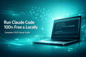 Modern teal-themed digital illustration of a laptop displaying a local AI terminal interface, with abstract neural network graphics and the headline ‘Run Claude Code 100% Free & Locally’ and subtitle ‘Complete 2025 Setup Guide’.