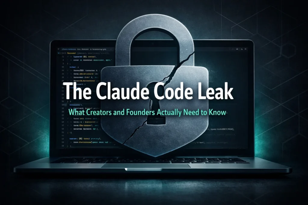 Teal futuristic banner with keylock and text about The Claude Code Leak revealed