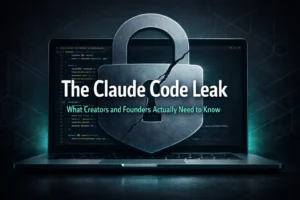 Teal futuristic banner with keylock and text about The Claude Code Leak revealed