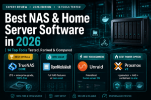 Featured image for “Best NAS & Home Server Software in 2026” showing a modern teal-and-dark tech-themed layout with comparison cards for TrueNAS CORE, OpenMediaVault, Unraid, and Proxmox VE. The design includes futuristic server and network visuals, bold white typography, and labels for best overall, best value, beginner-friendly, and power-user NAS software options.